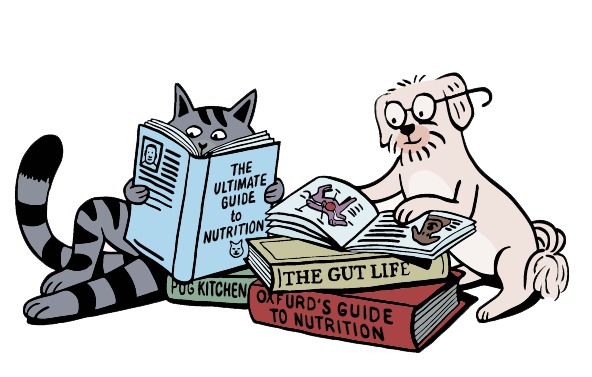 Cat and Dog reading books about Diets